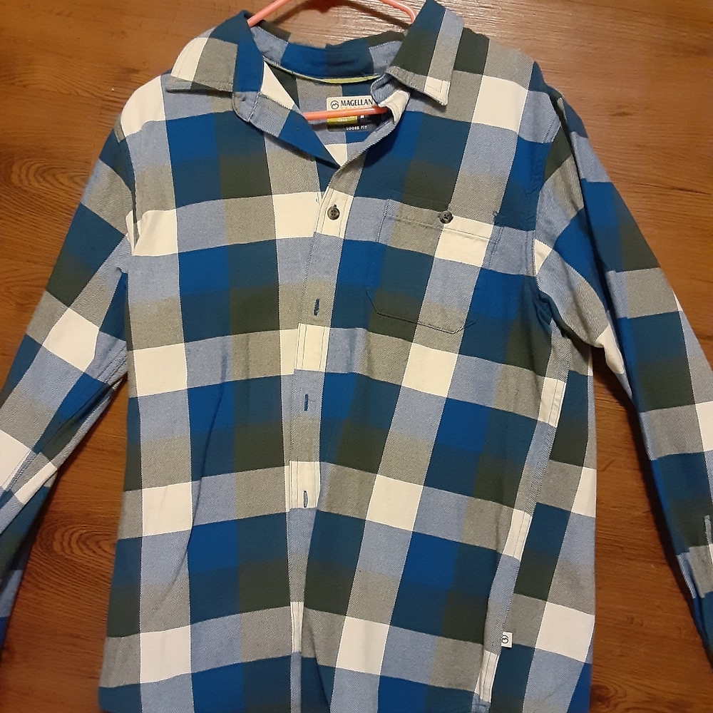 Magellan Plaid Blue/Green Flannel Hiking Shirt L